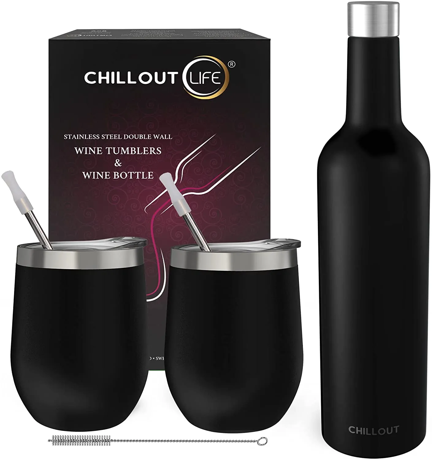 CHILLOUT LIFE Stainless Steel Wine Tumblers 2 Pack 12 oz & 1 Insulated Wine Bottle - Double Wall Vacuum Insulated Wine Cups with Lids and Straws Set