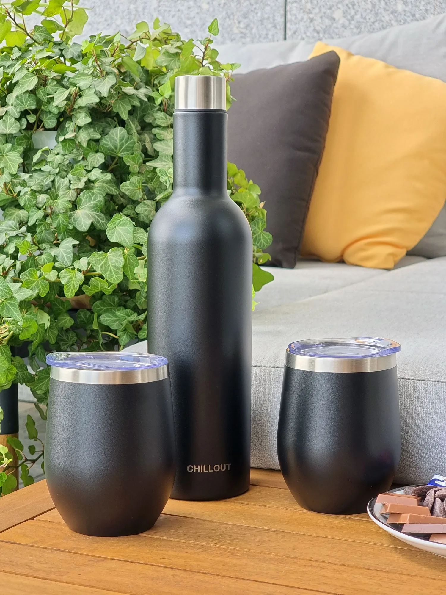 CHILLOUT LIFE Stainless Steel Wine Tumblers 2 Pack 12 oz & 1 Insulated Wine Bottle - Double Wall Vacuum Insulated Wine Cups with Lids and Straws Set