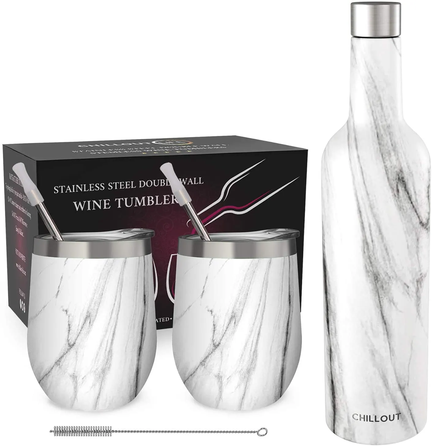 CHILLOUT LIFE Stainless Steel Wine Tumblers 2 Pack 12 oz & 1 Insulated Wine Bottle - Double Wall Vacuum Insulated Wine Cups with Lids and Straws Set