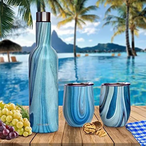 CHILLOUT LIFE Stainless Steel Wine Tumblers 2 Pack 12 oz & 1 Insulated Wine Bottle - Double Wall Vacuum Insulated Wine Cups with Lids and Straws Set