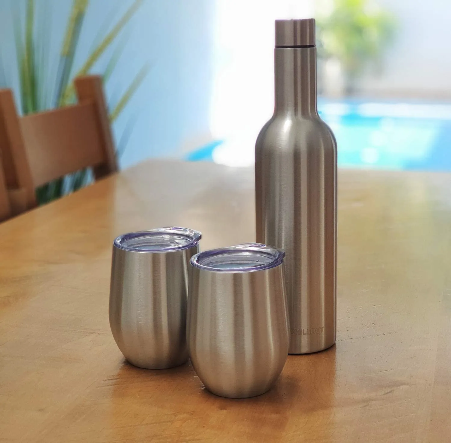 CHILLOUT LIFE Stainless Steel Wine Tumblers 2 Pack 12 oz & 1 Insulated Wine Bottle - Double Wall Vacuum Insulated Wine Cups with Lids and Straws Set
