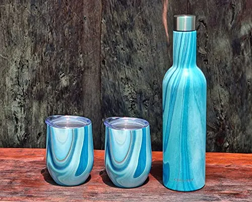 CHILLOUT LIFE Stainless Steel Wine Tumblers 2 Pack 12 oz & 1 Insulated Wine Bottle - Double Wall Vacuum Insulated Wine Cups with Lids and Straws Set