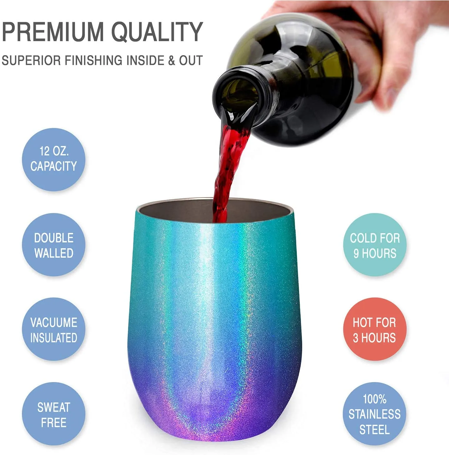 CHILLOUT LIFE Stainless Steel Wine Tumblers 2 Pack 12 oz & 1 Insulated Wine Bottle - Double Wall Vacuum Insulated Wine Cups with Lids and Straws Set