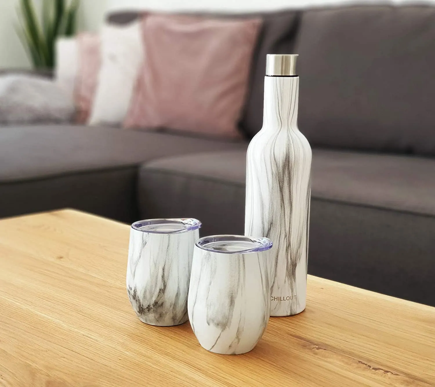 CHILLOUT LIFE Stainless Steel Wine Tumblers 2 Pack 12 oz & 1 Insulated Wine Bottle - Double Wall Vacuum Insulated Wine Cups with Lids and Straws Set
