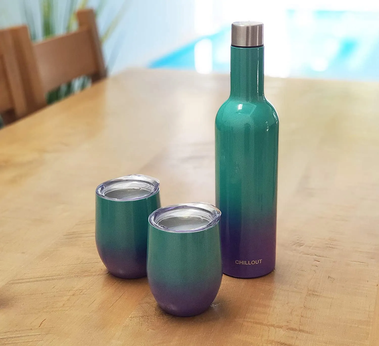 CHILLOUT LIFE Stainless Steel Wine Tumblers 2 Pack 12 oz & 1 Insulated Wine Bottle - Double Wall Vacuum Insulated Wine Cups with Lids and Straws Set