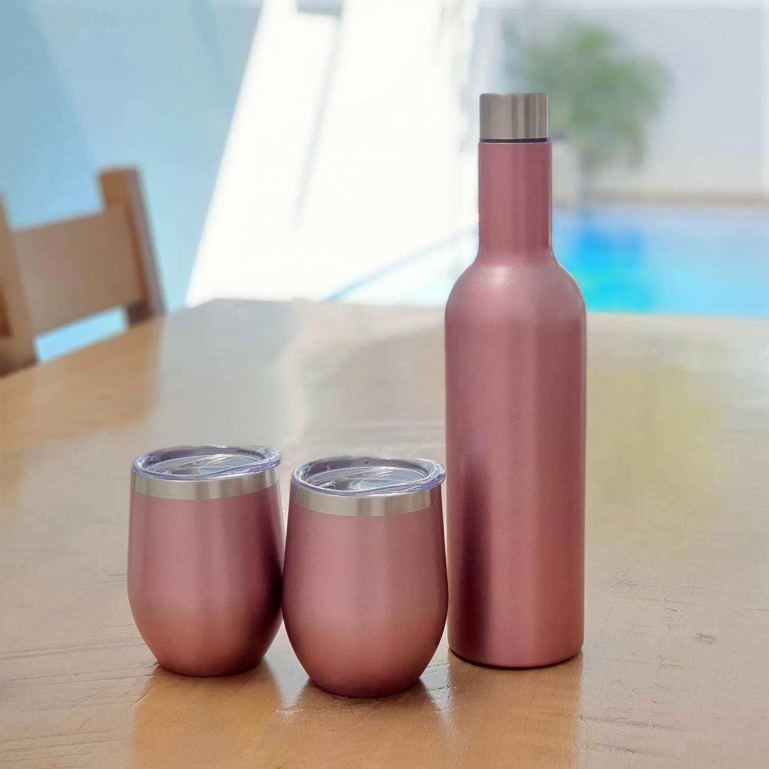 CHILLOUT LIFE Stainless Steel Wine Tumblers 2 Pack 12 oz & 1 Insulated Wine Bottle - Double Wall Vacuum Insulated Wine Cups with Lids and Straws Set