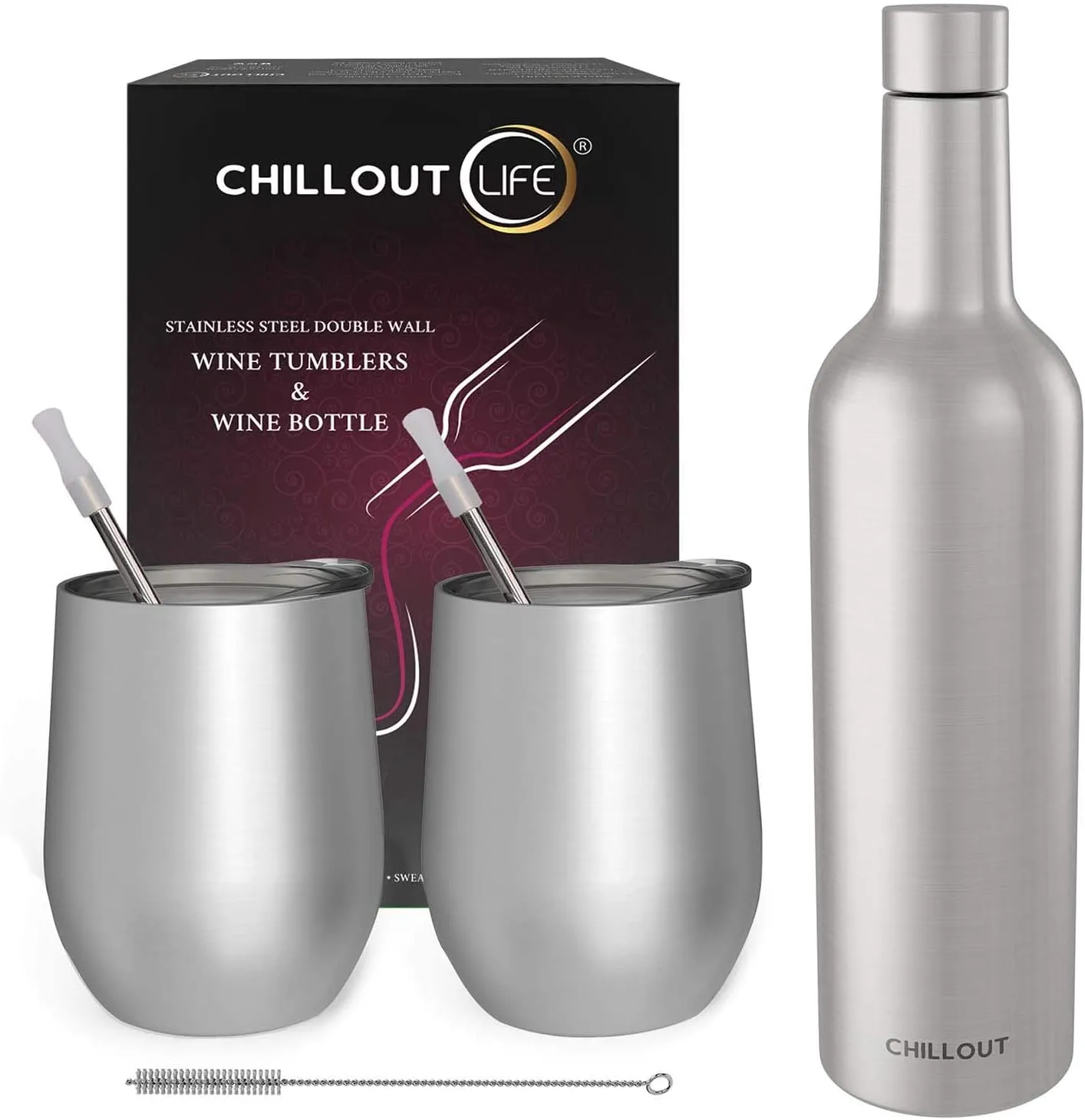 CHILLOUT LIFE Stainless Steel Wine Tumblers 2 Pack 12 oz & 1 Insulated Wine Bottle - Double Wall Vacuum Insulated Wine Cups with Lids and Straws Set