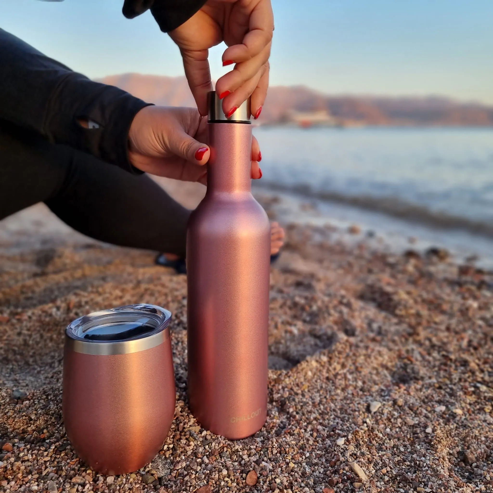 CHILLOUT LIFE Stainless Steel Wine Tumblers 2 Pack 12 oz & 1 Insulated Wine Bottle - Double Wall Vacuum Insulated Wine Cups with Lids and Straws Set