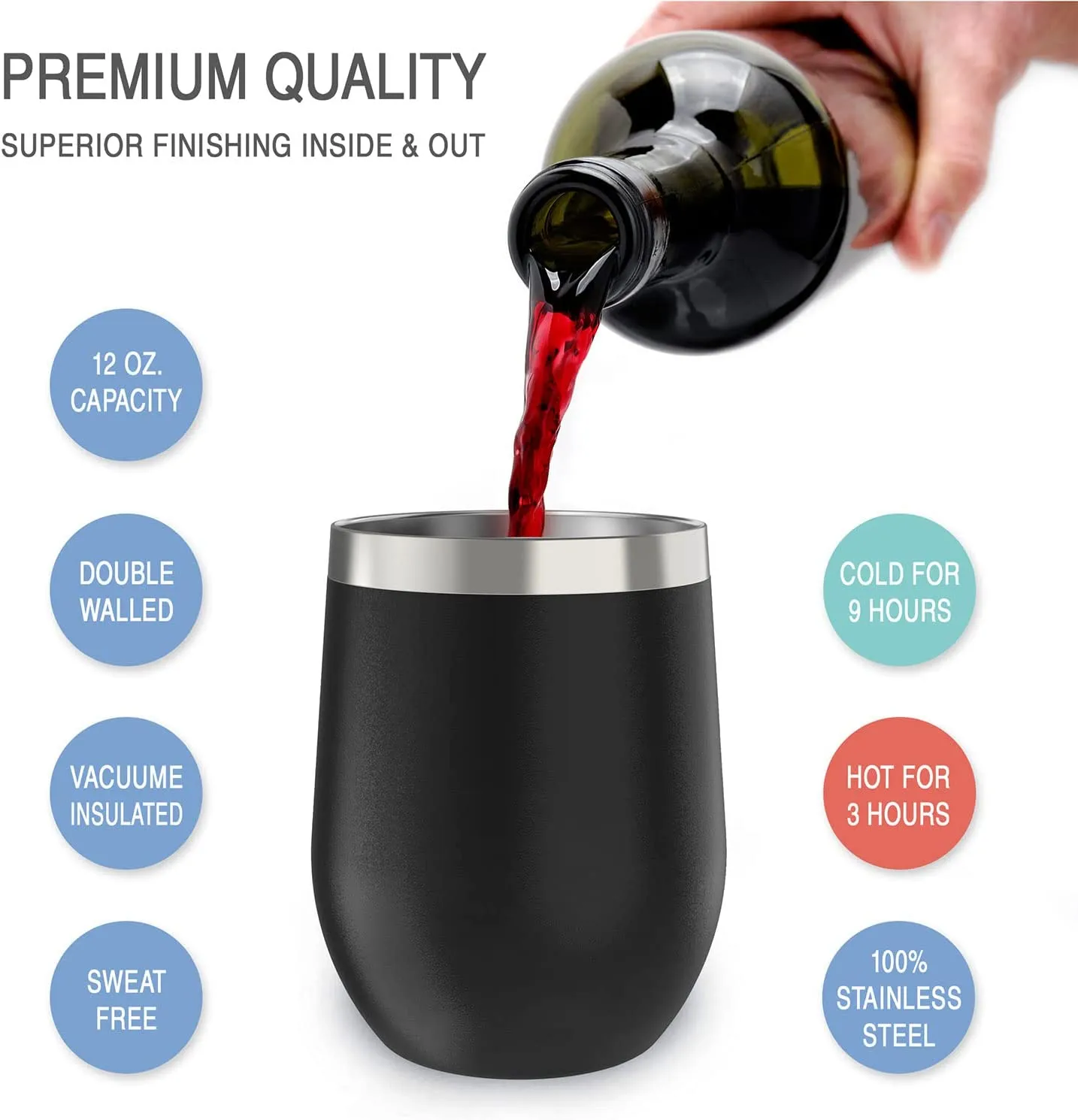 CHILLOUT LIFE Stainless Steel Wine Tumblers 2 Pack 12 oz & 1 Insulated Wine Bottle - Double Wall Vacuum Insulated Wine Cups with Lids and Straws Set