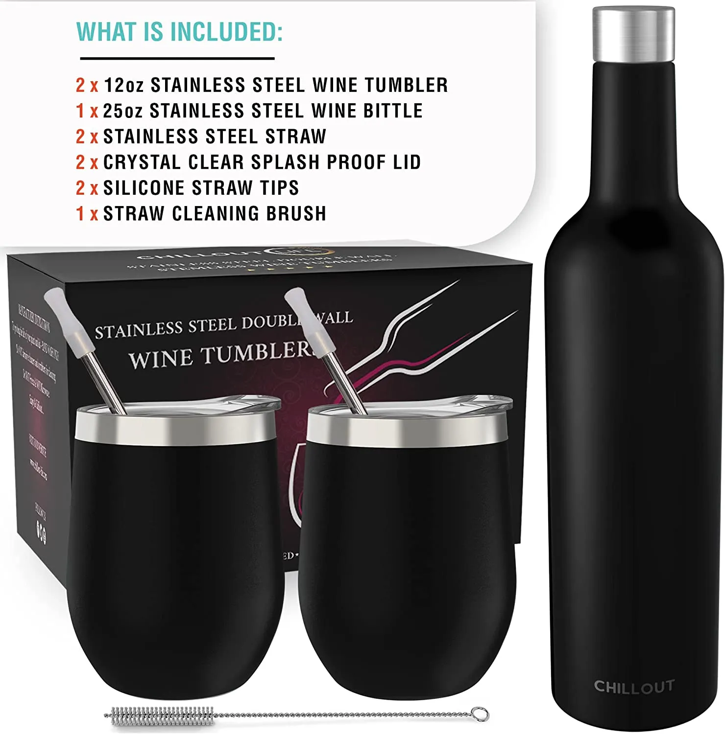 CHILLOUT LIFE Stainless Steel Wine Tumblers 2 Pack 12 oz & 1 Insulated Wine Bottle - Double Wall Vacuum Insulated Wine Cups with Lids and Straws Set