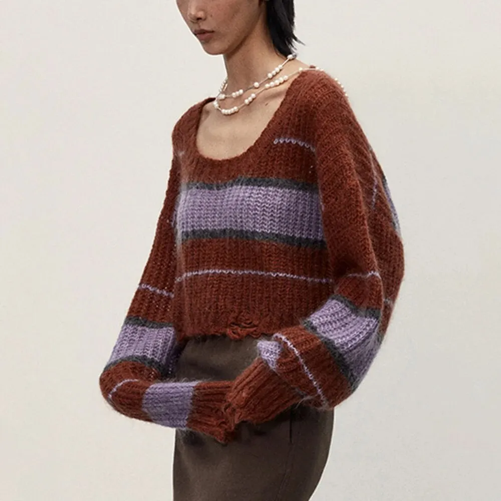 Colorblock Striped Casual Pullover Knitting Sweaters For Women Round Neck Long Sleeve Loose Sweater Female Fashion
