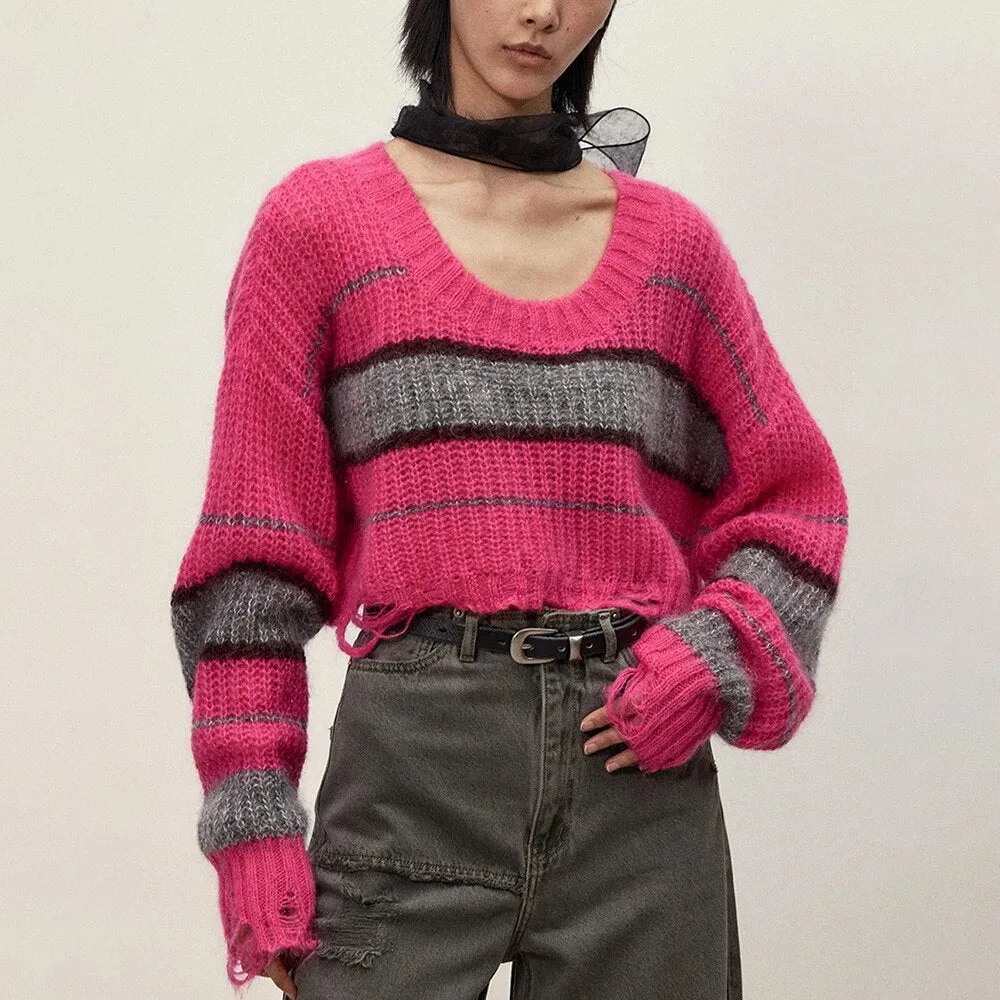 Colorblock Striped Casual Pullover Knitting Sweaters For Women Round Neck Long Sleeve Loose Sweater Female Fashion