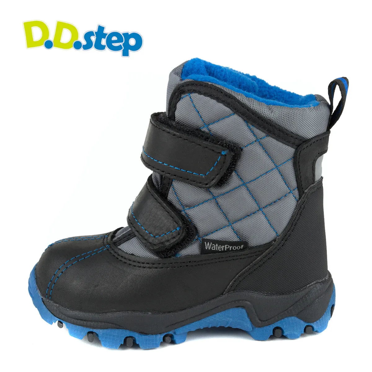 D.D. Step little kid boy winter boots with fleece insulation royal blue plaid pattern size US 8-11.5