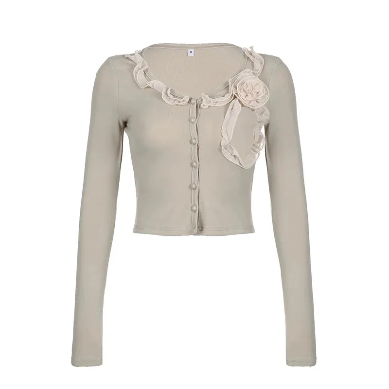 Fashion Sweet Slim Autumn T-shirt Women Floral Ruffles Crop Top Korean Style Y2K Tees Buttons V Neck Cute Clothes New