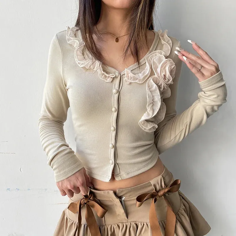 Fashion Sweet Slim Autumn T-shirt Women Floral Ruffles Crop Top Korean Style Y2K Tees Buttons V Neck Cute Clothes New