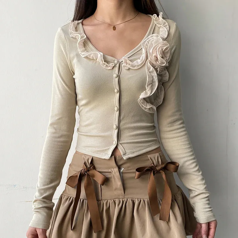 Fashion Sweet Slim Autumn T-shirt Women Floral Ruffles Crop Top Korean Style Y2K Tees Buttons V Neck Cute Clothes New