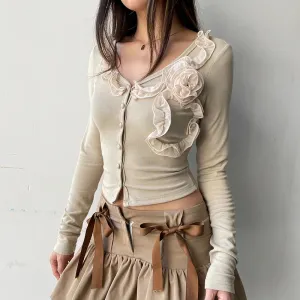 Fashion Sweet Slim Autumn T-shirt Women Floral Ruffles Crop Top Korean Style Y2K Tees Buttons V Neck Cute Clothes New