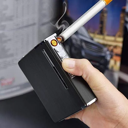 GREYFIRE® Aluminum-Alloy USB Rechargeable Multifunctional New 20 Sticks Case Box ..Cigarette Lighter (Black)