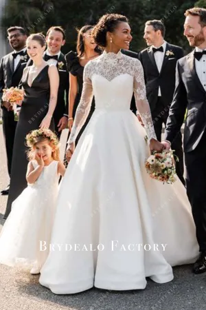 Illusion Lace Back Sheer Long Sleeves Ball Gown Wedding Dress