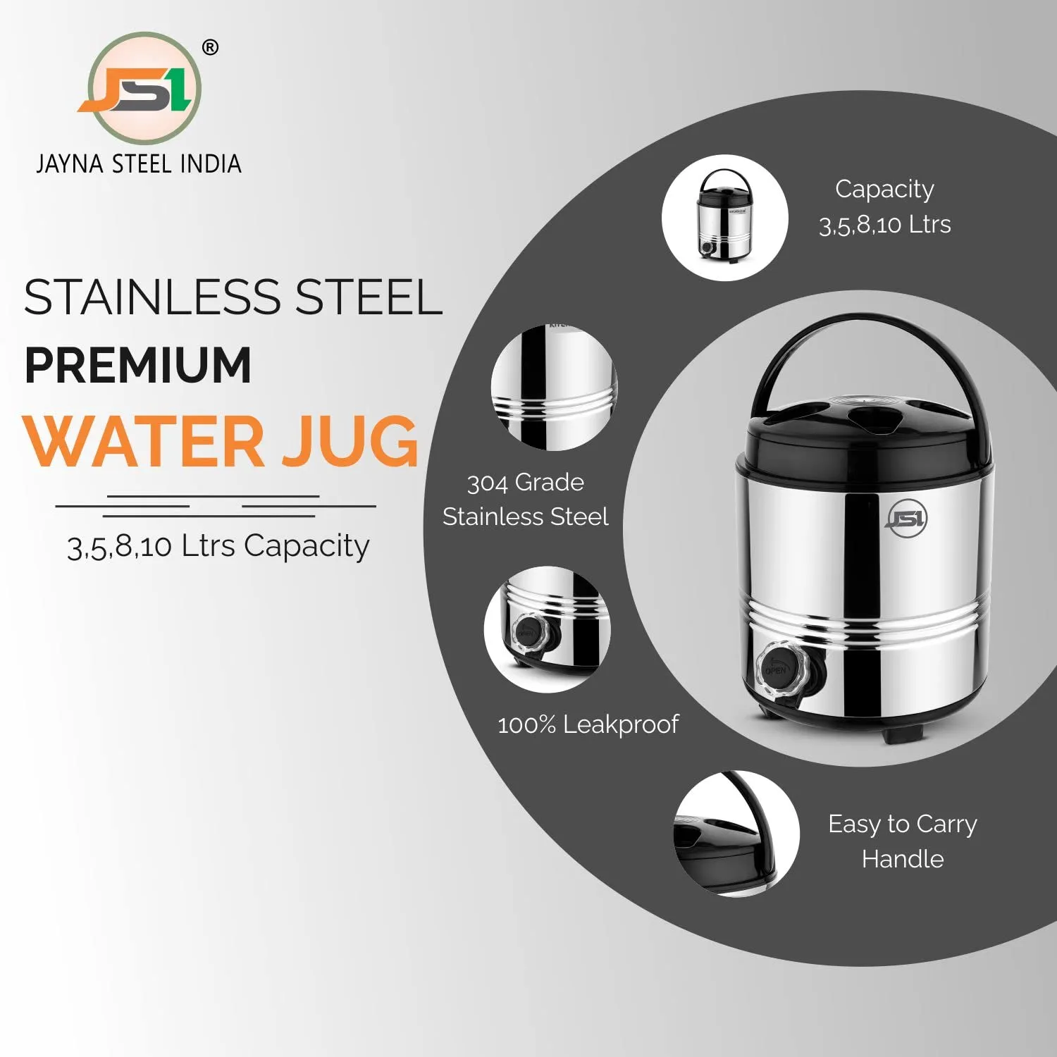 JSI Hot and Cold PUF Insulated Water Containers for Home Kitchen Office I Stainless Steel Water Jug 5 Liter, Silver I Easy to Carry Handle I Durable & Sturdy Base I 100% Food Safe Steel Water/Tea Pot