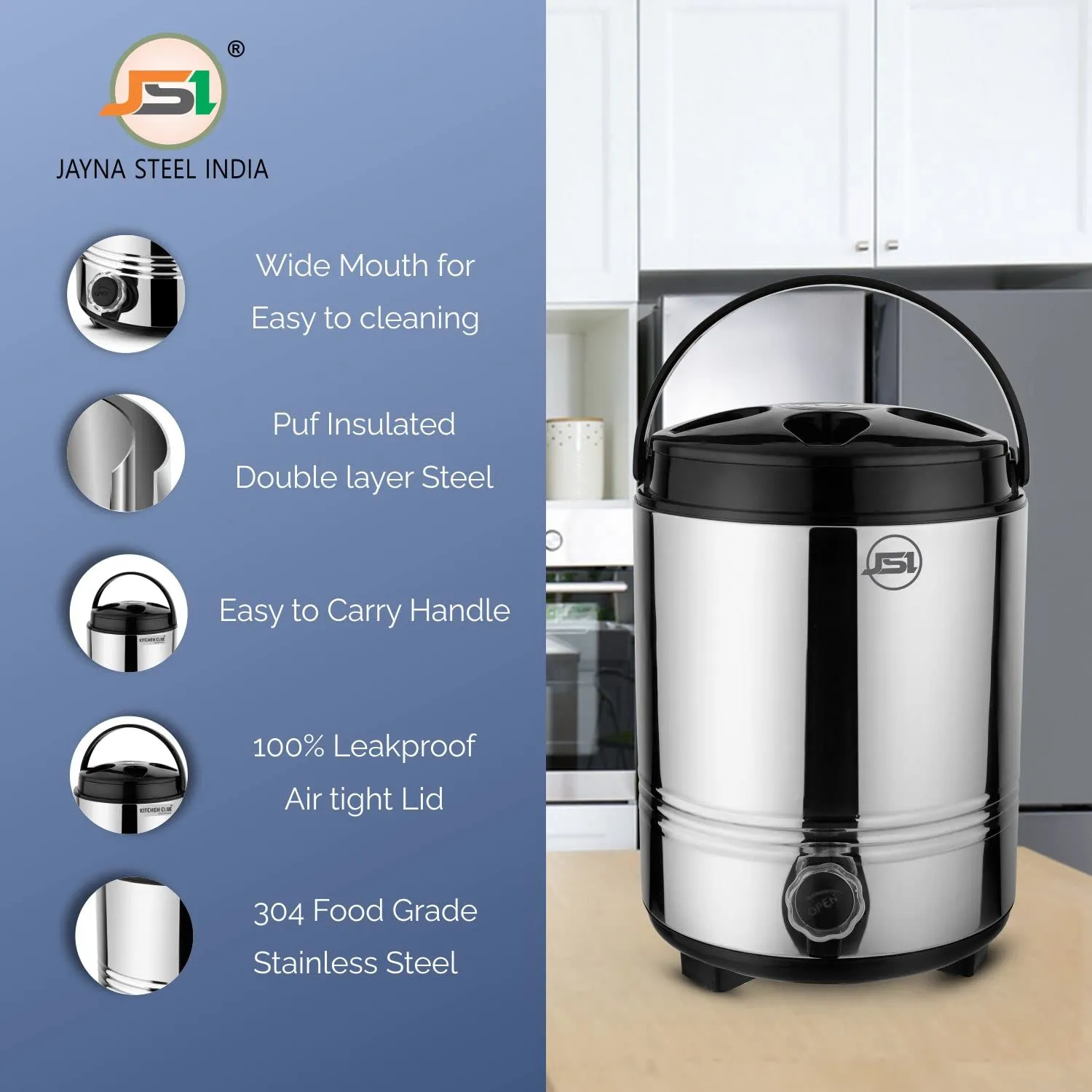 JSI Hot and Cold PUF Insulated Water Containers for Home Kitchen Office I Stainless Steel Water Jug 5 Liter, Silver I Easy to Carry Handle I Durable & Sturdy Base I 100% Food Safe Steel Water/Tea Pot