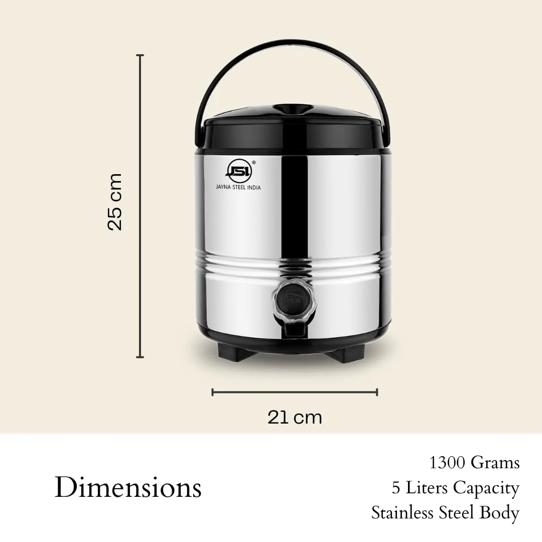 JSI Hot and Cold PUF Insulated Water Containers for Home Kitchen Office I Stainless Steel Water Jug 5 Liter, Silver I Easy to Carry Handle I Durable & Sturdy Base I 100% Food Safe Steel Water/Tea Pot