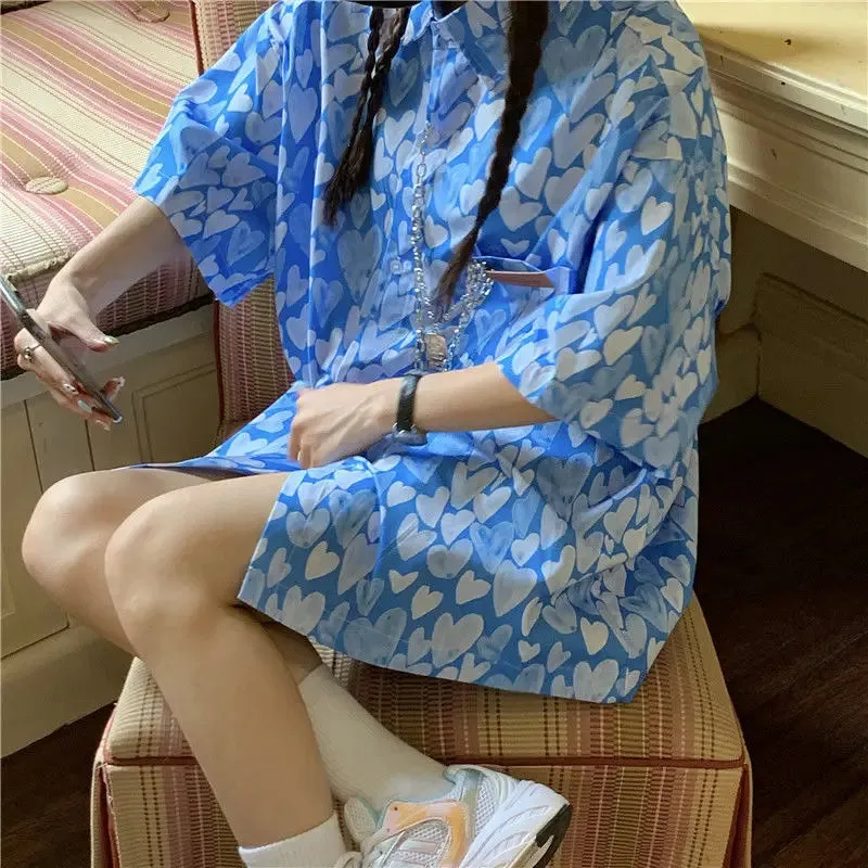 Shirts Women Chain Turn Dawn Collar Thin Heart Love Print Sumple Harajuku Fashion Loose Oversize Top