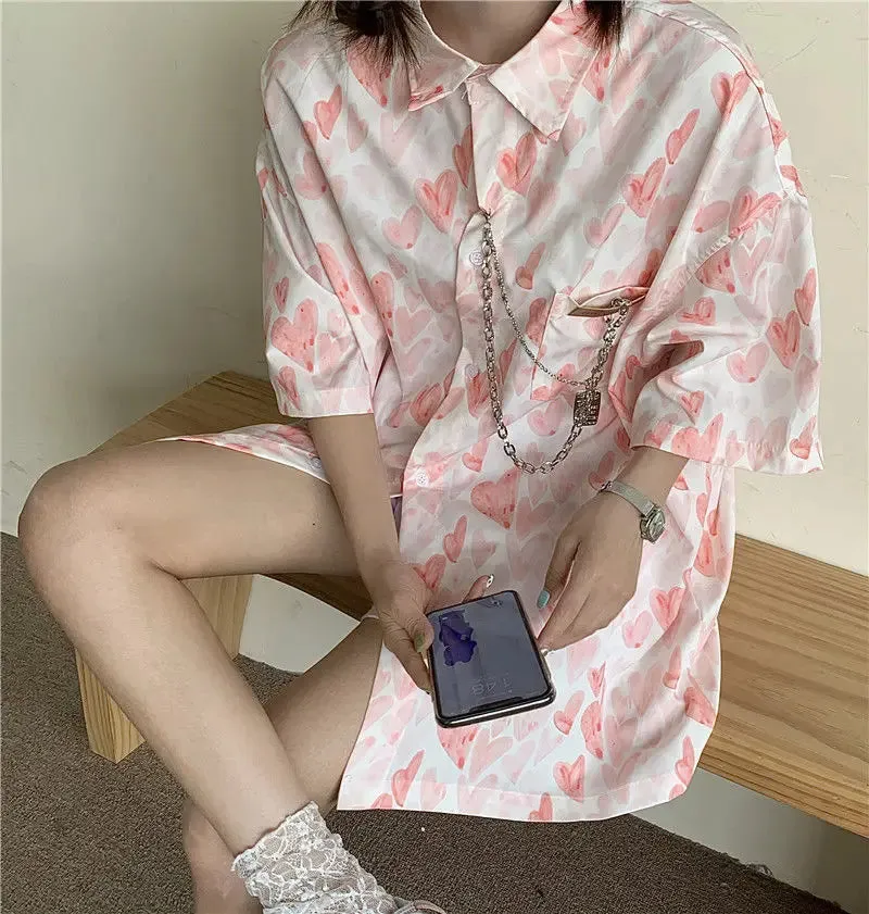 Shirts Women Chain Turn Dawn Collar Thin Heart Love Print Sumple Harajuku Fashion Loose Oversize Top