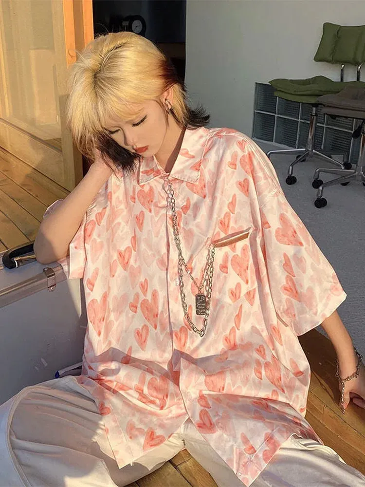 Shirts Women Chain Turn Dawn Collar Thin Heart Love Print Sumple Harajuku Fashion Loose Oversize Top