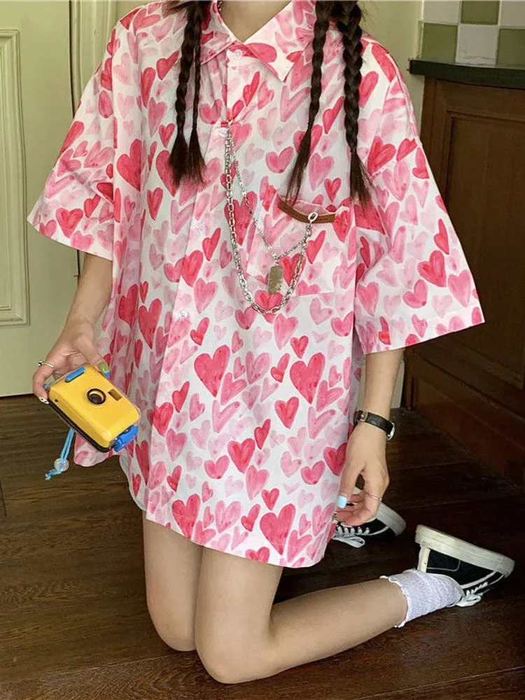 Shirts Women Chain Turn Dawn Collar Thin Heart Love Print Sumple Harajuku Fashion Loose Oversize Top