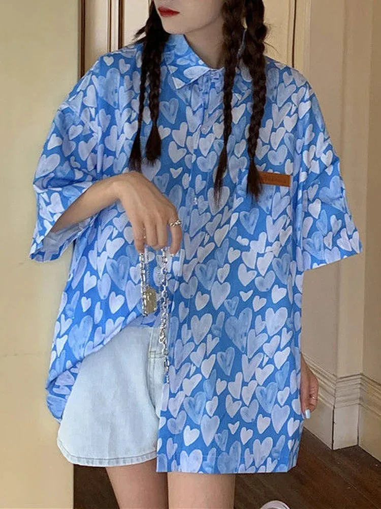 Shirts Women Chain Turn Dawn Collar Thin Heart Love Print Sumple Harajuku Fashion Loose Oversize Top