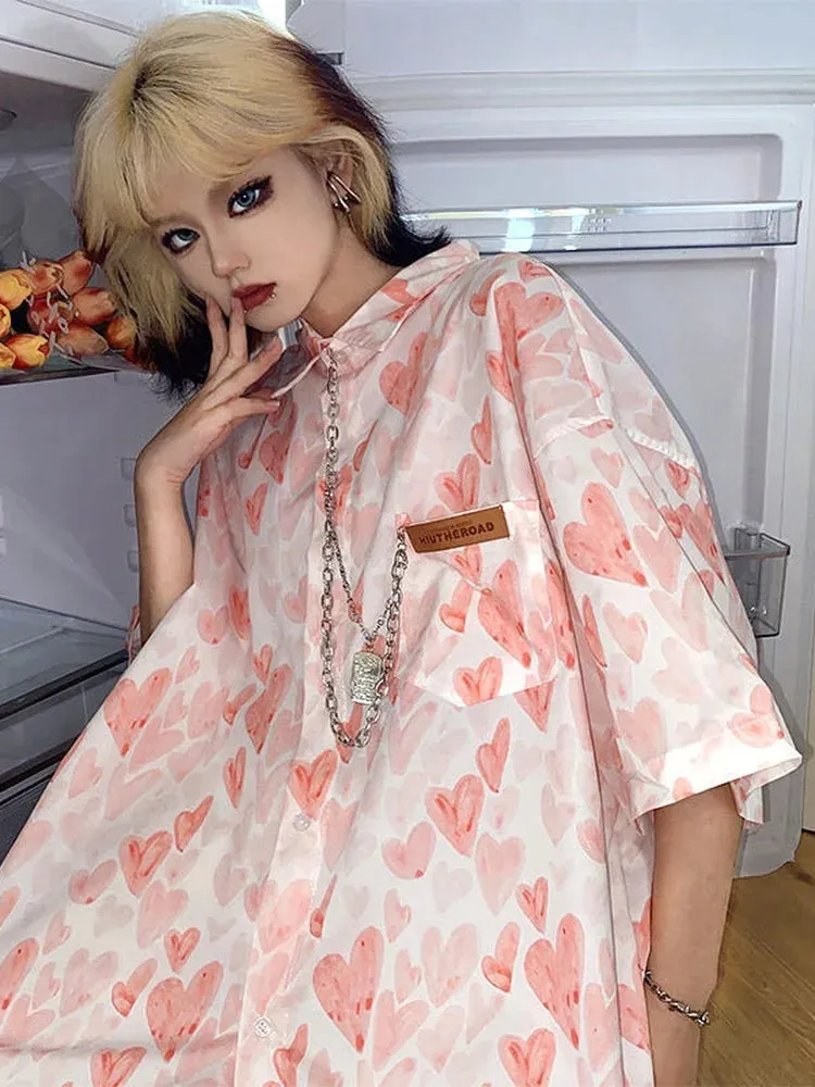 Shirts Women Chain Turn Dawn Collar Thin Heart Love Print Sumple Harajuku Fashion Loose Oversize Top