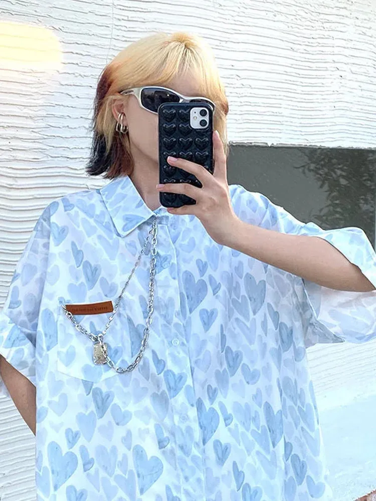 Shirts Women Chain Turn Dawn Collar Thin Heart Love Print Sumple Harajuku Fashion Loose Oversize Top