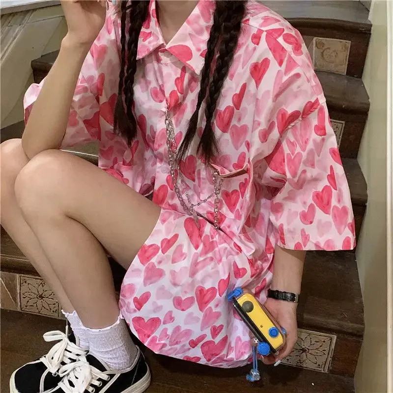 Shirts Women Chain Turn Dawn Collar Thin Heart Love Print Sumple Harajuku Fashion Loose Oversize Top