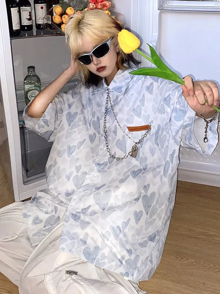 Shirts Women Chain Turn Dawn Collar Thin Heart Love Print Sumple Harajuku Fashion Loose Oversize Top