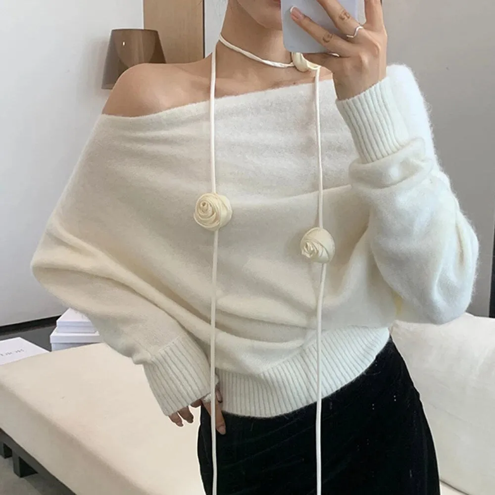 Solid Loose Casual Knitting Sweaters For Women Diagonal Collar Long Sleeve Cold Shoulder Temperament Sweater Female