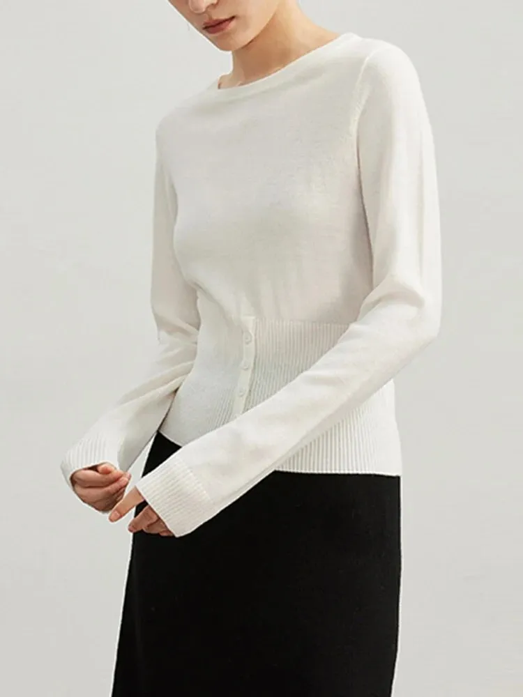 Solid Minimalist Sweaters For Women Round Neck Long Sleeve Patchwork Button Slimming Knitting Sweater Female