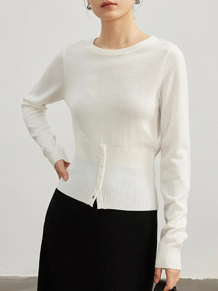 Solid Minimalist Sweaters For Women Round Neck Long Sleeve Patchwork Button Slimming Knitting Sweater Female