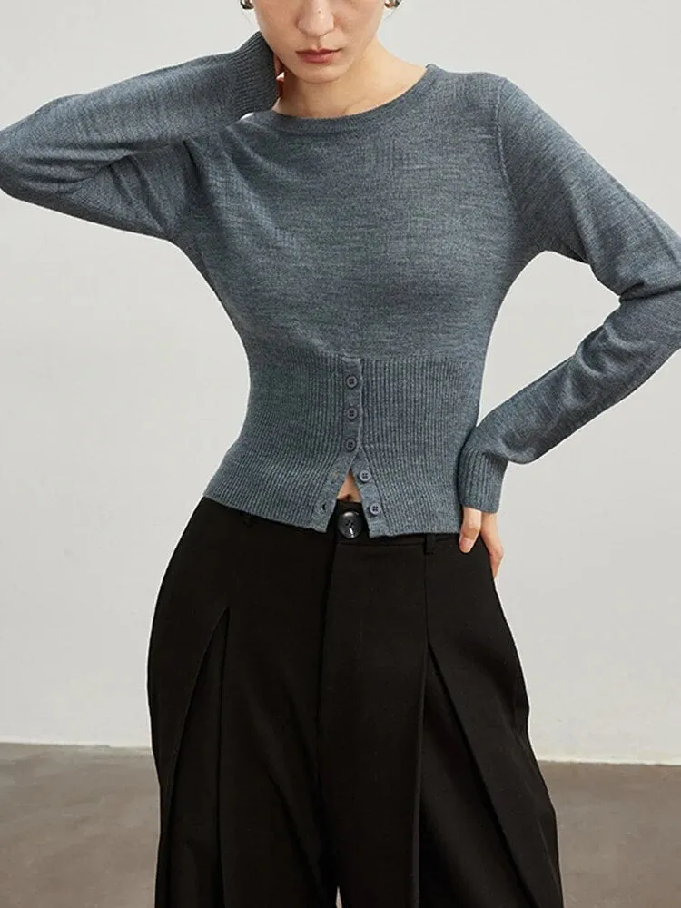 Solid Minimalist Sweaters For Women Round Neck Long Sleeve Patchwork Button Slimming Knitting Sweater Female