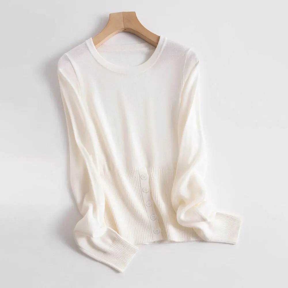 Solid Minimalist Sweaters For Women Round Neck Long Sleeve Patchwork Button Slimming Knitting Sweater Female