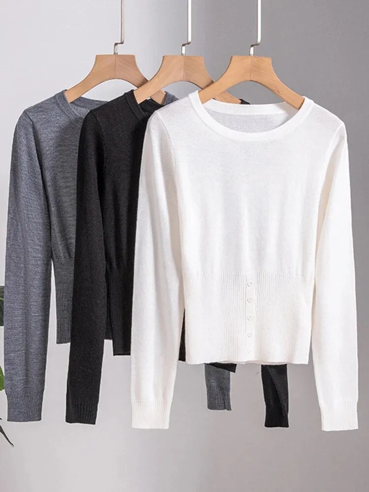 Solid Minimalist Sweaters For Women Round Neck Long Sleeve Patchwork Button Slimming Knitting Sweater Female