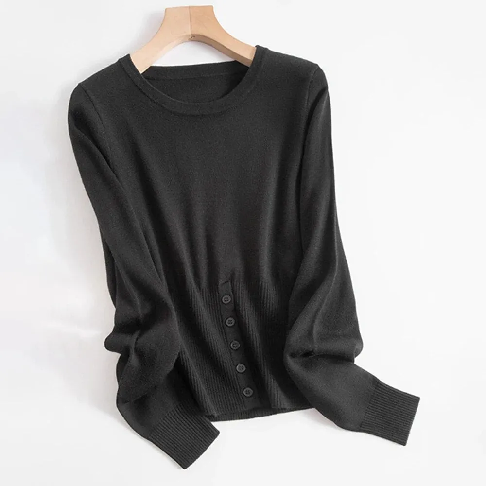 Solid Minimalist Sweaters For Women Round Neck Long Sleeve Patchwork Button Slimming Knitting Sweater Female