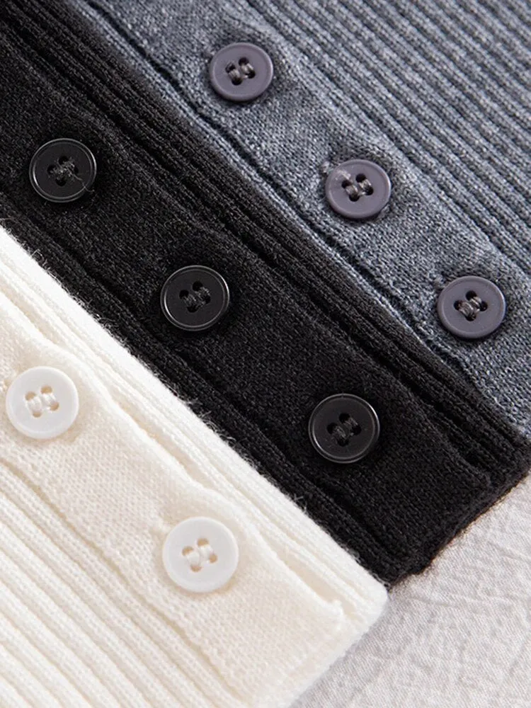 Solid Minimalist Sweaters For Women Round Neck Long Sleeve Patchwork Button Slimming Knitting Sweater Female