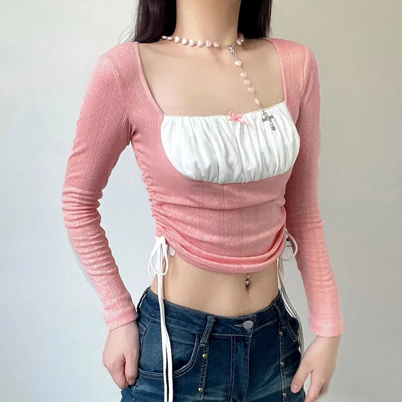 Sweet Pink Fold Patched Autumn Tee Shirts Slim Drawstring Square Neck Crop Top Women Tshirts Coquette Clothes Bow Y2K