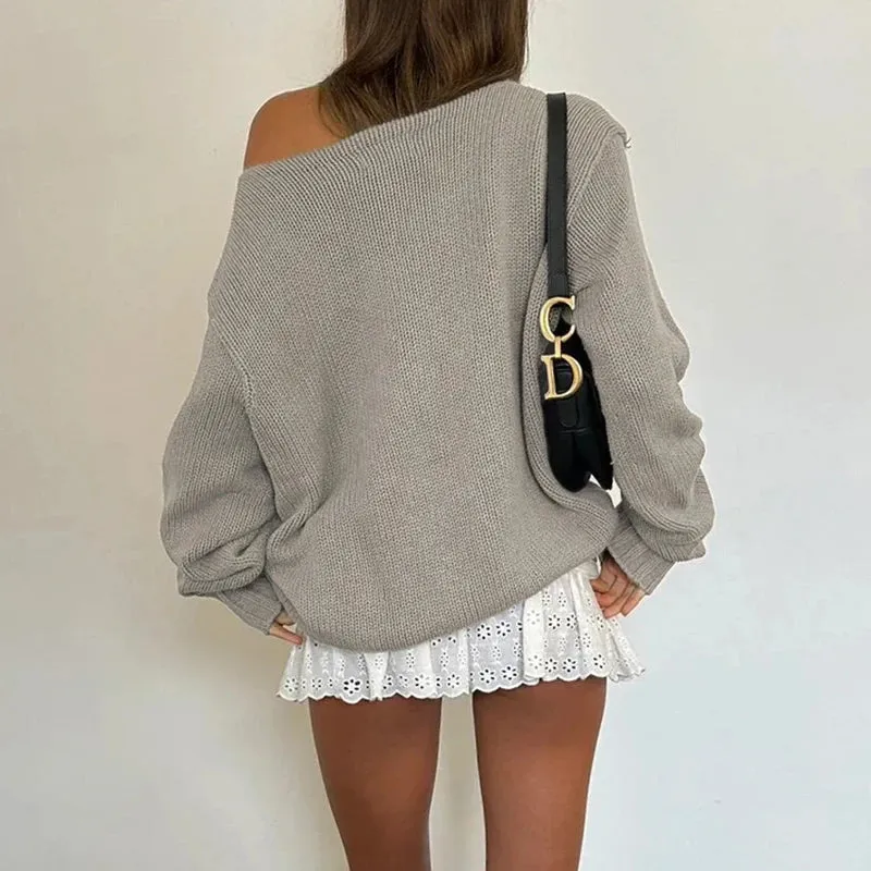 Vintage Graphic Printed Loose Autumn Sweater Female Knitting Skew Collar Warm Streetwear Pullover Y2K Jumper Outfits
