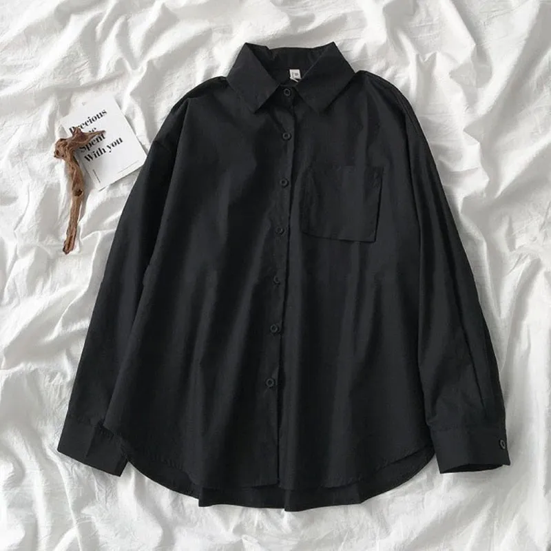 White Women School Shirts Fashion JK Preppy Style Spring Japan Long Sleeve Girls Black Shirt Harajuku Button Up Ladies Tops