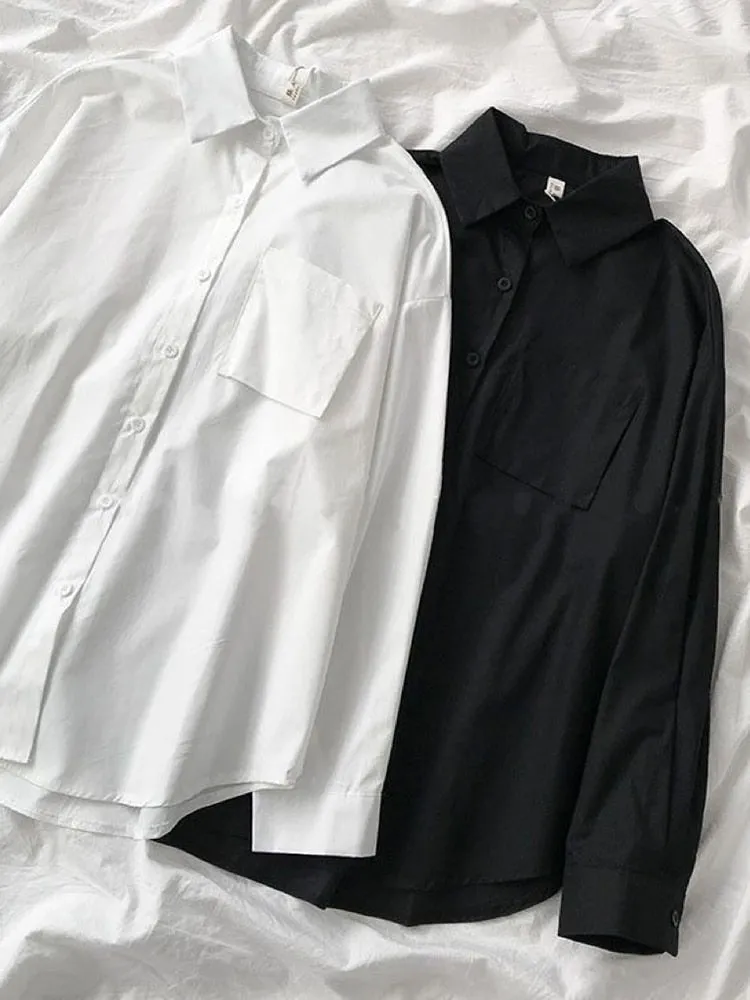White Women School Shirts Fashion JK Preppy Style Spring Japan Long Sleeve Girls Black Shirt Harajuku Button Up Ladies Tops