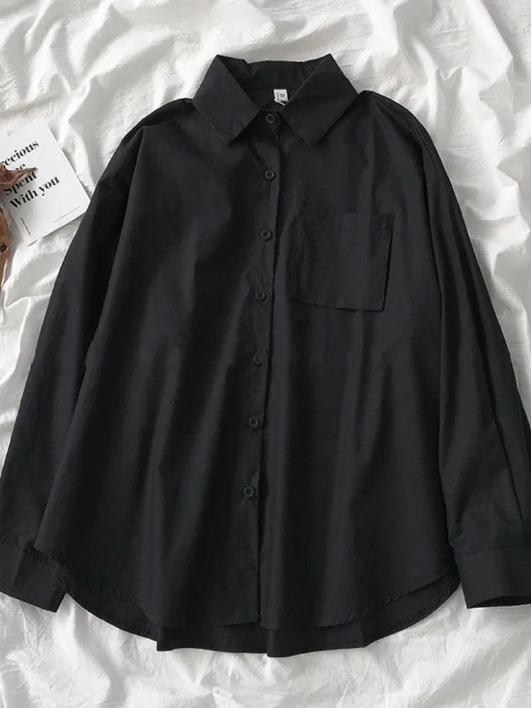 White Women School Shirts Fashion JK Preppy Style Spring Japan Long Sleeve Girls Black Shirt Harajuku Button Up Ladies Tops